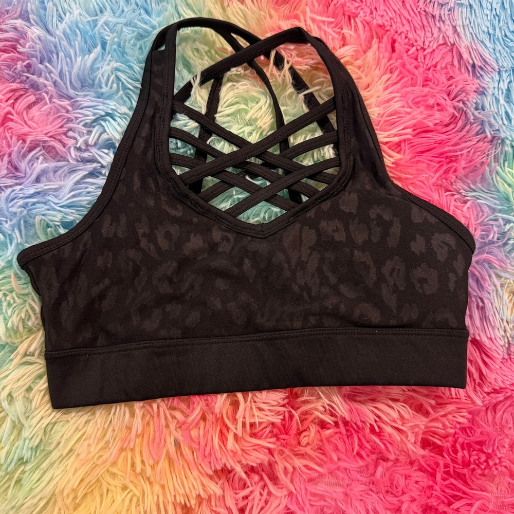 Bebe Sport Womens Black Leopard Print Strappy Lattice Front Sports Bra
